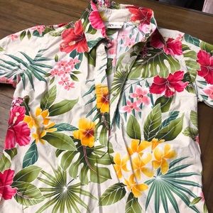 Hawaiian, tan floral, half button up with pocket, tapered